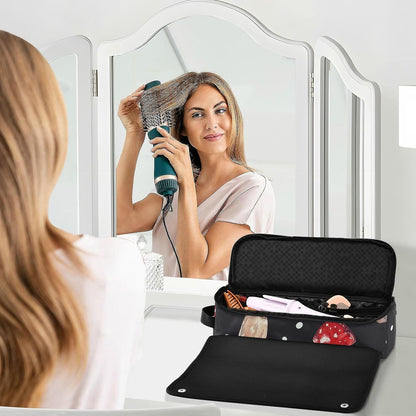 Foiosoh Borsa da viaggio per attrezzi da donna con tappetino in ferro a doppio strato, custodia da viaggio per arricciacapelli, piastra per capelli piatti, funghi rossi e pois bianchi
