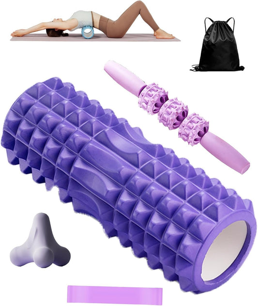Wayfurr 5-in-1 High-Density Foam Roller for Muscle Relief - Massage Roller Stick for Back Pain, Legs, Sports Recovery & Yoga - 13x5x5 Inch Rouleau de Massage Therapeutic Roller (Purple)