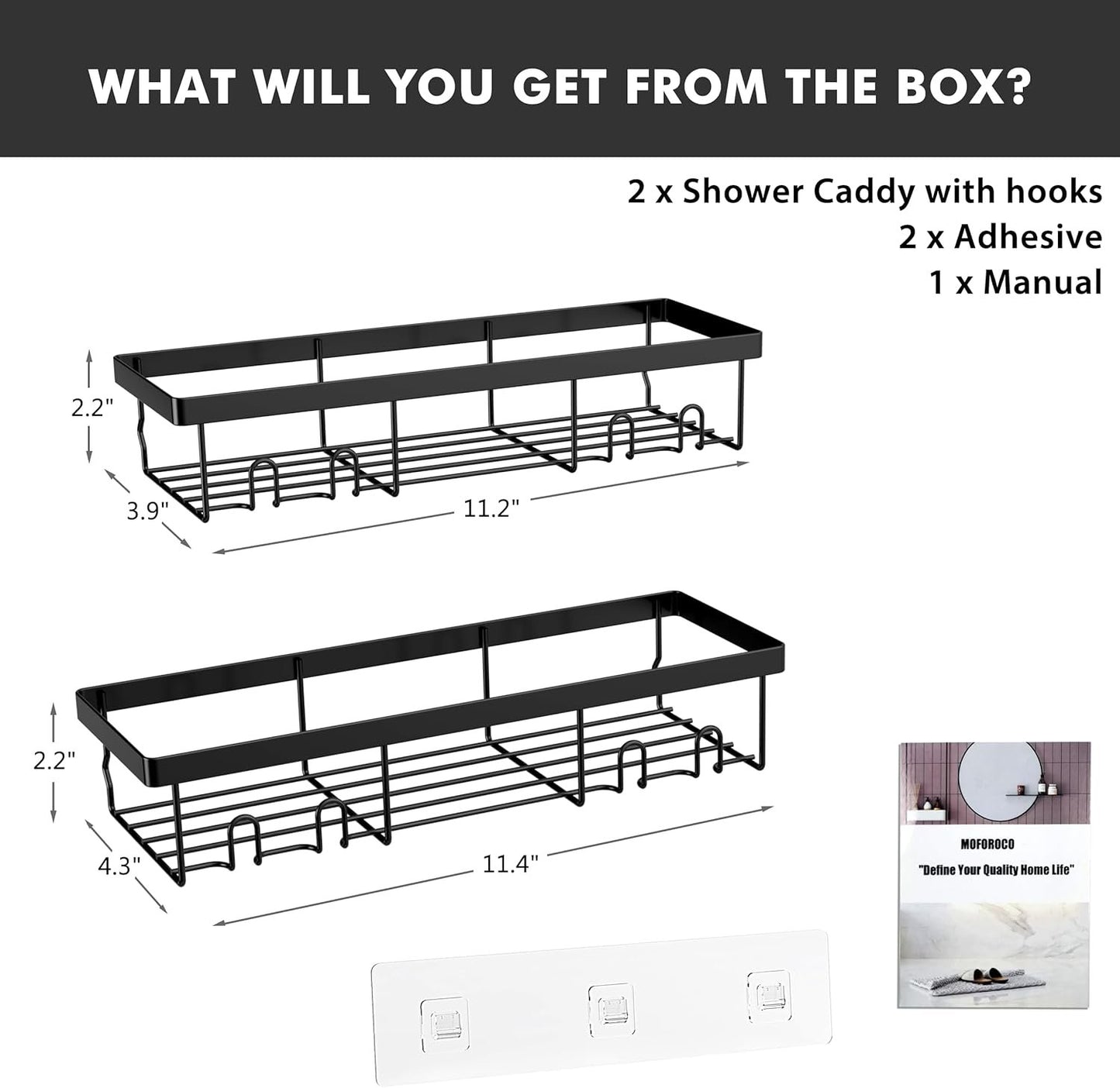Moforoco Shower Caddy Shelf Organizer Rack, Self Adhesive Black Bathroom Shelves Basket, Home Farmhouse Wall Shower Inside Organization and Storage Decor Rv Accessories, First Apartment Essentials