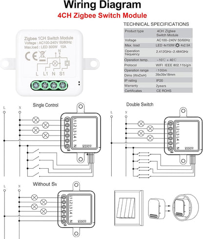 WiFi Zigbee Mini Smart Switch Module, 4CH Relay for 2 Way Control, Smart Home Automation Compatible With Alexa Google Home