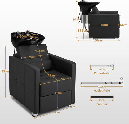 Barberpub Hairdressing Chair with Washbasin, Adjustable Ceramic Hairdressing Basin for Hairdressing SPA Salon 8010 (Black/PVC)