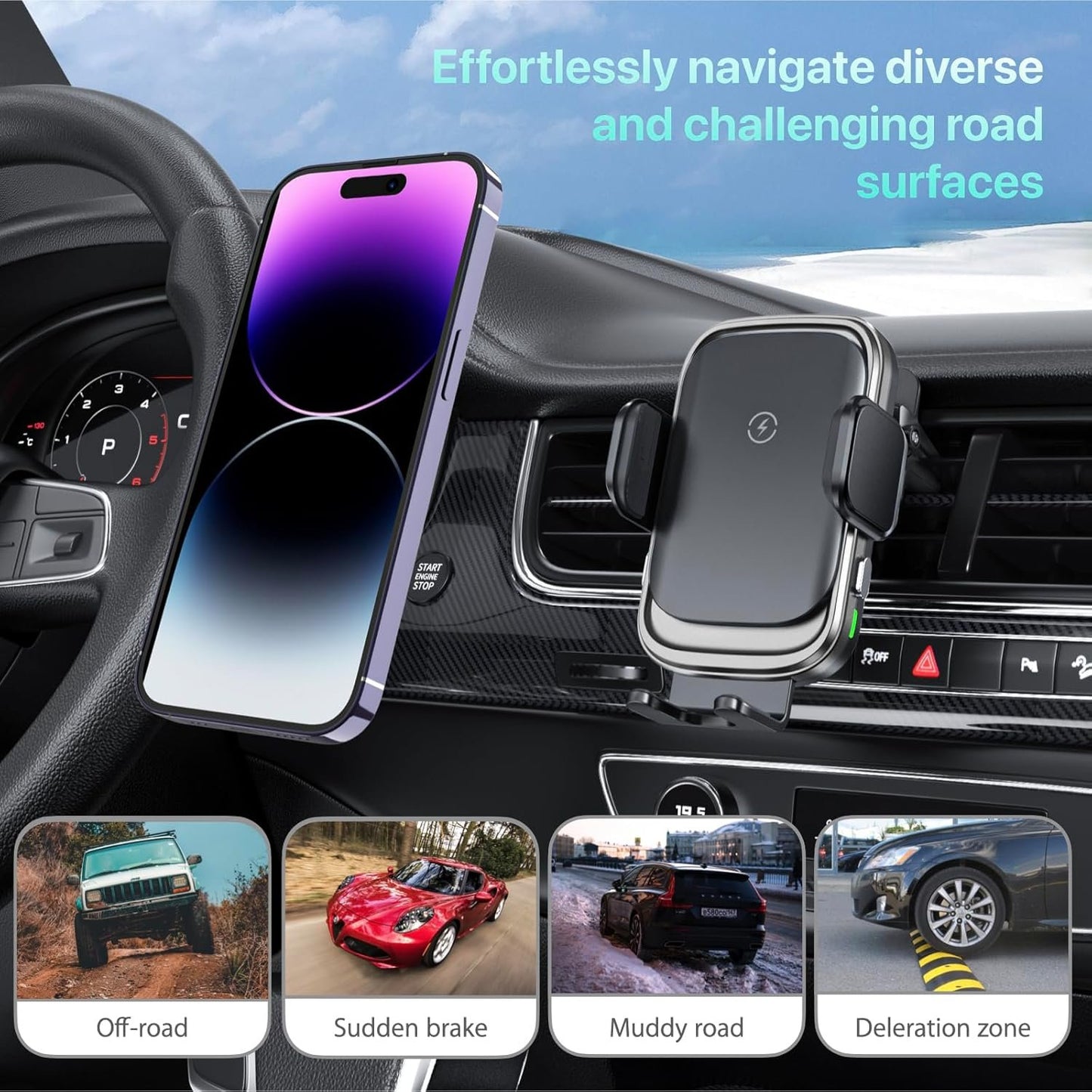 Soflame Wireless Car Charger, 15W Full Auto-Clamping Fast Charging Air Vent Car Wireless Charger for iPhone 16 Series/15 Series/14 Series/11-13 Series/Xr/8, Samsung S23/S22/S21/Note 20