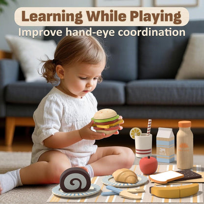 Lehoo Castle Wooden Play Food Toys, Kids Play Kitchen Accessories Toddler Cutting Fruits Vegetables Toy with Shopping Bag, Pretend Play Educational Montessori Toy Gift for Boys Girls 3+