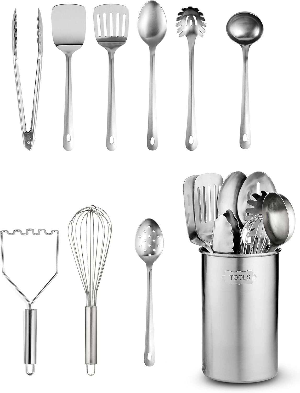 Stainless Steel Kitchen Utensil Set - 10 Piece Premium Non-Stick & Heat Resistant Kitchen Gadgets, Turner, Spaghetti Server, Ladle, Serving Spoons, Whisk, Tungs, Potato Masher and Utensil Holder