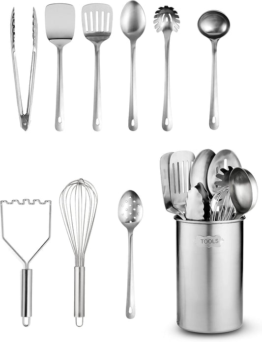 Stainless Steel Kitchen Utensil Set - 10 Piece Premium Non-Stick & Heat Resistant Kitchen Gadgets, Turner, Spaghetti Server, Ladle, Serving Spoons, Whisk, Tungs, Potato Masher and Utensil Holder