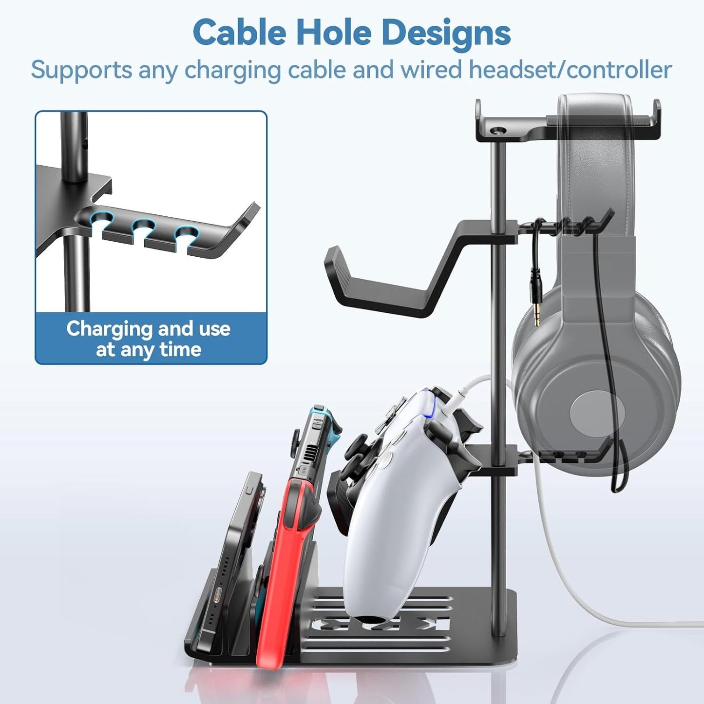 KDD Headphone Stand, Game Controller Holder & Headset Holder for Desk, Earphone Stand with Aluminum Supporting Bar, Universal Storage Organizer Headphones/Controller/Switch/iPad/Mobile Phone