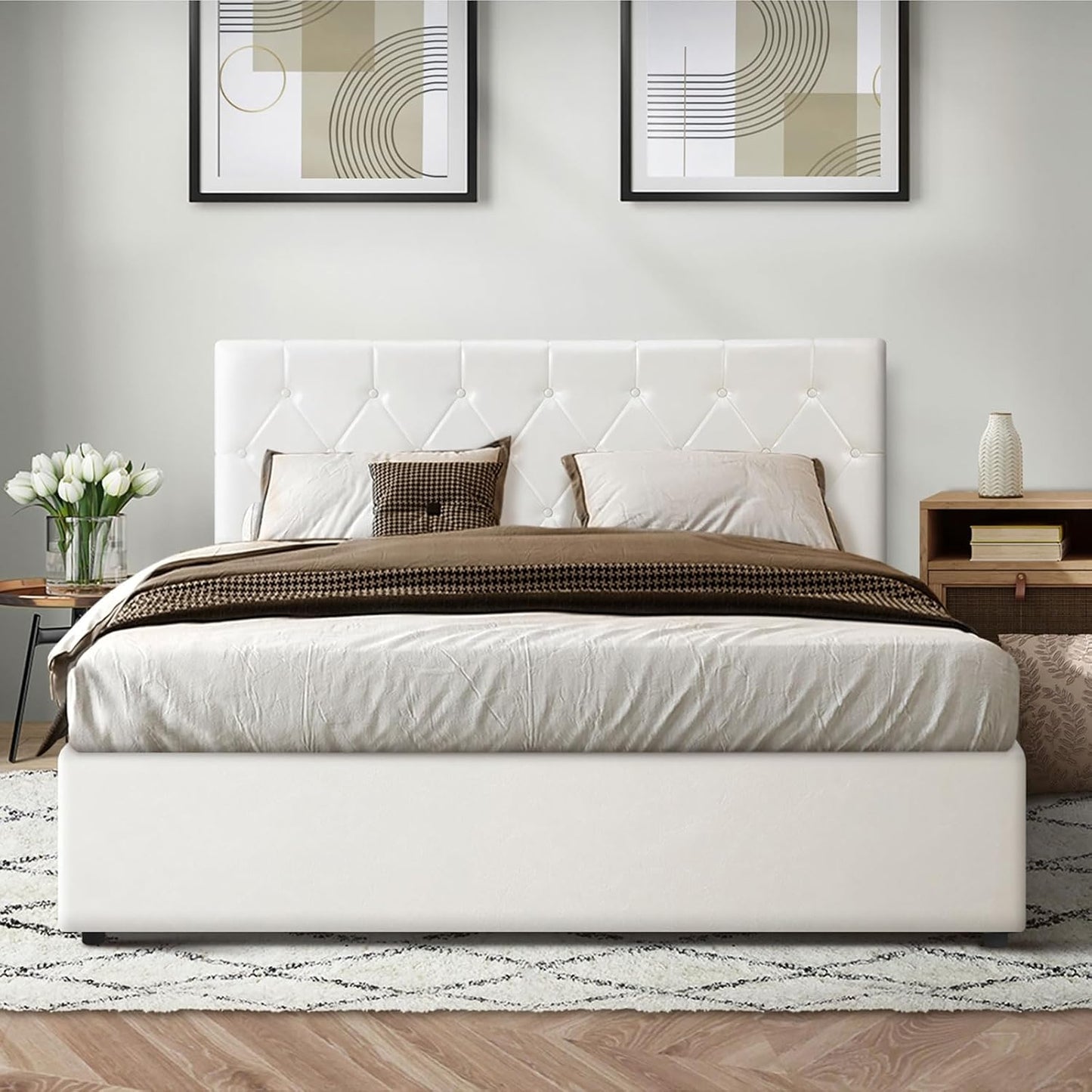 Oikiture Double Bed Frame with Storage and Gas Lift Leather Bed White