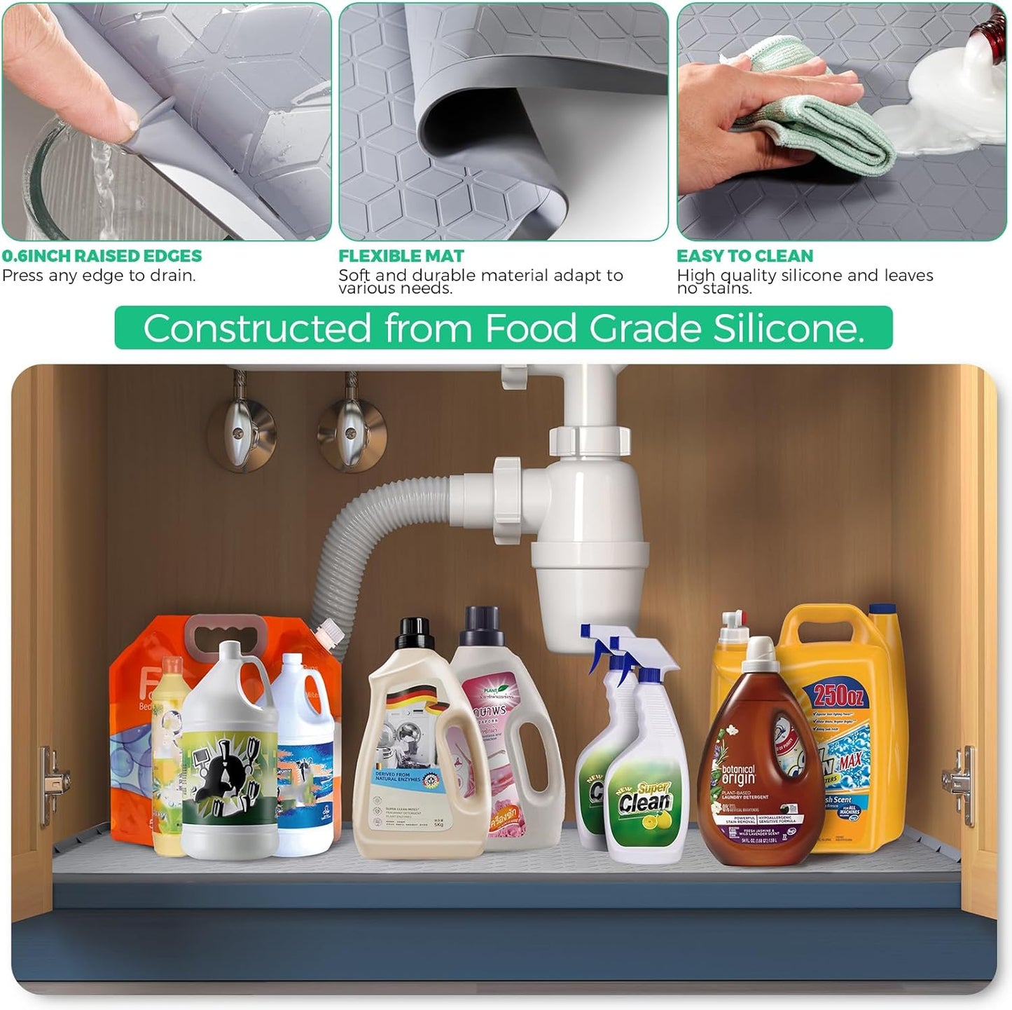 TRZZ Silicone Waterproof Under Sink Mat 34" x 22", Drip Tray and Cabinet Liner for Kitchen and Bathroom, Prevents Water Damage and Organizes Cabinets (Grey)