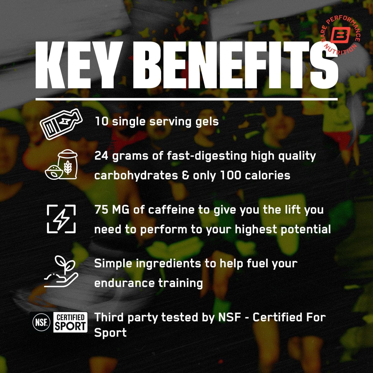 BARE PERFORMANCE NUTRITION, BPN Go Gel Endurance Gel, 24g of Carbohydrates & 100 Calories per Gel Pack, Vegan + Gluten Free Running Gel, 10 Single-Serving Gel Packs, Caffeinated Mixed Berry