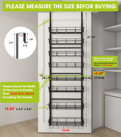 Over The Door Pantry Organizer, Wall Mount Spice Rack, Pantry Hanging Storage and Organization, 8 Adjustable Baskets Heavy-Duty Metal for Home & Kitchen, Back of Door Seasoning Rack - Black