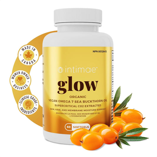 Intimae Glow Sea Buckthorn Oil - Omega 7 Supplement for Skin, Hair, Nails & Intimate Care - Essential Fatty Acid Capsules for Vaginal Moisture, Dryness Relief, & Skin Rejuvenation - 60 Softgels