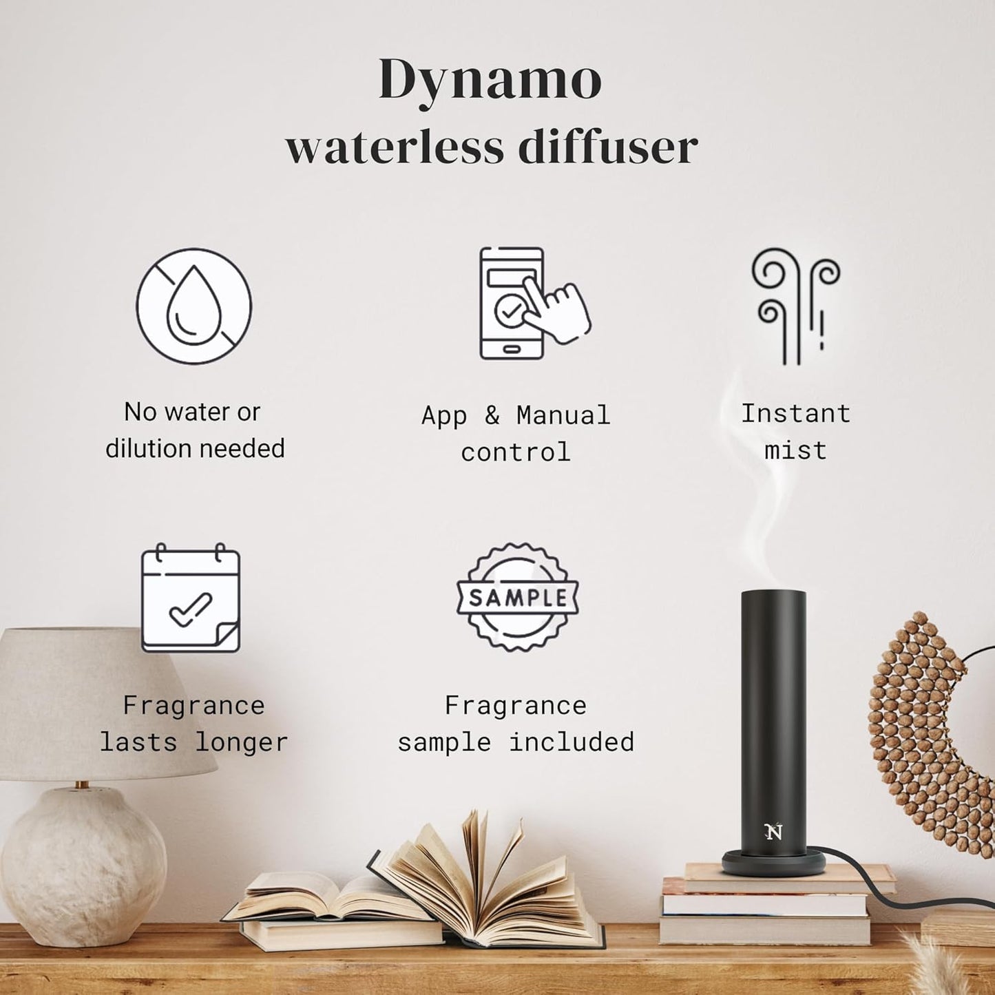 Dynamo Essential Oil Diffuser for Home with Fragrance Sample, App & Manual Control, Cold-Air Scent Diffusers for Home, Large Room, Hotel Scent Diffuser up to 1000sq.ft Black Aroma Diffusers