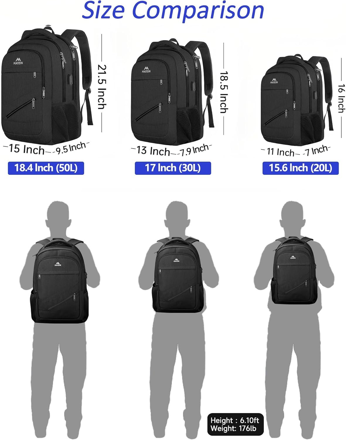 MATEIN Extra Large Business Travel Anti Theft Laptop Backpack, 18 Inch TSA Airline Approved Carryon Backpack for Women Men, Work Bag with USB Port and Luggage Strap, Black