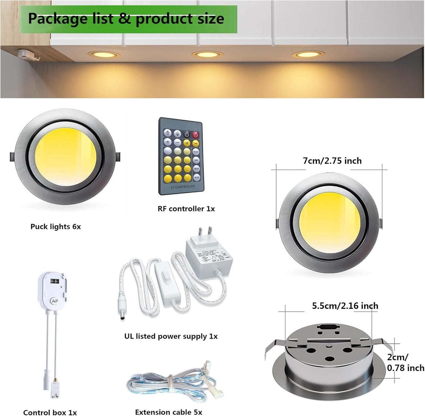 Smart Puck Lights 2700k-6500k Dimmable Under Cabinet Lighting Round Works with Alexa,Google Home,APP & Remote,12V,2W/pc,Recessed Kitchen Lamp Plug In for Counter,Display Shelf,2.5In Cutout,6pcs,Sliver