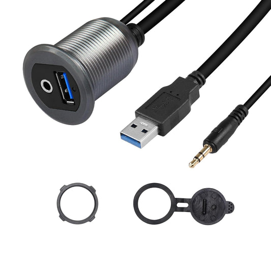 SinLoon USB 3.0 & 3.5mm Car Mount Flush Cable 3.3FT AUX Extension Dash Panel Waterproof Mount for Car, Boat, Motorcycle