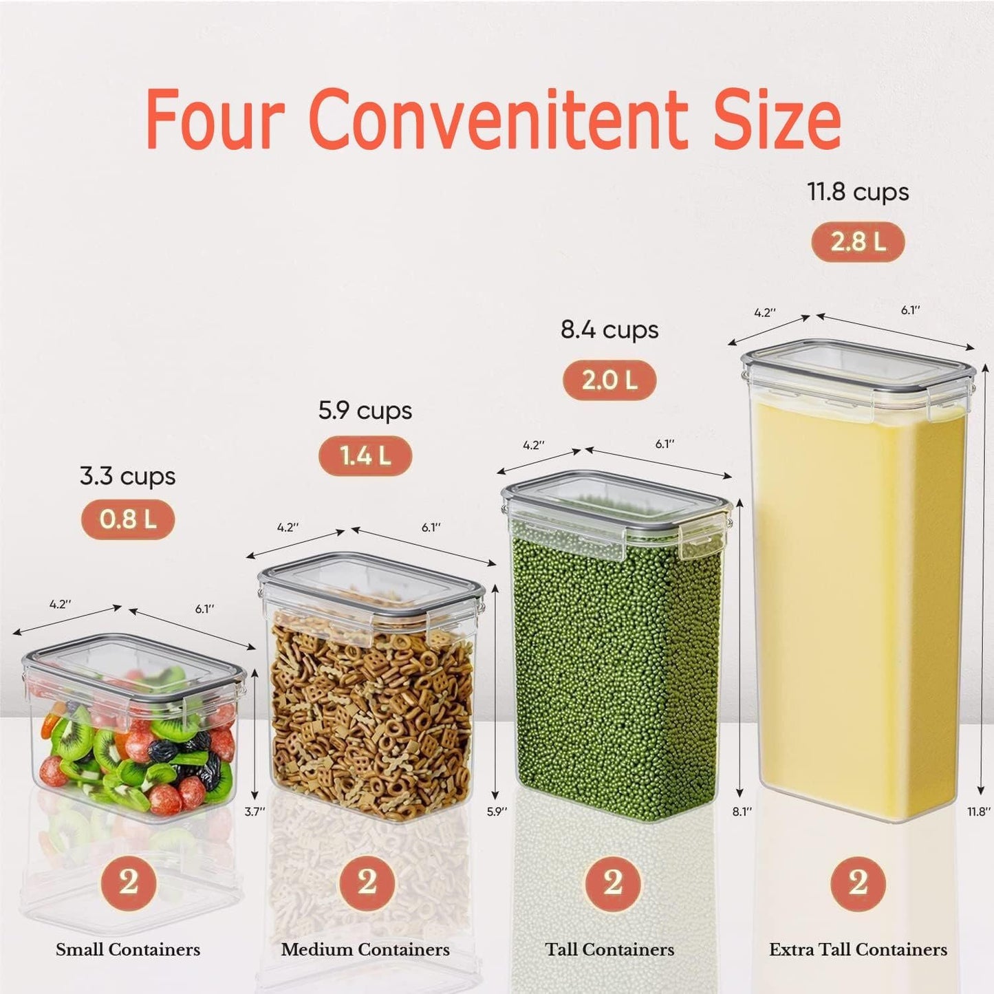 Airtight Food Storage Container Set, Pantry Organization Containers, Plastic Kitchen Storage Canister Sets with Lids, Stackable Food Container Sets for Cereal, Flour, Snack (Set of 8)