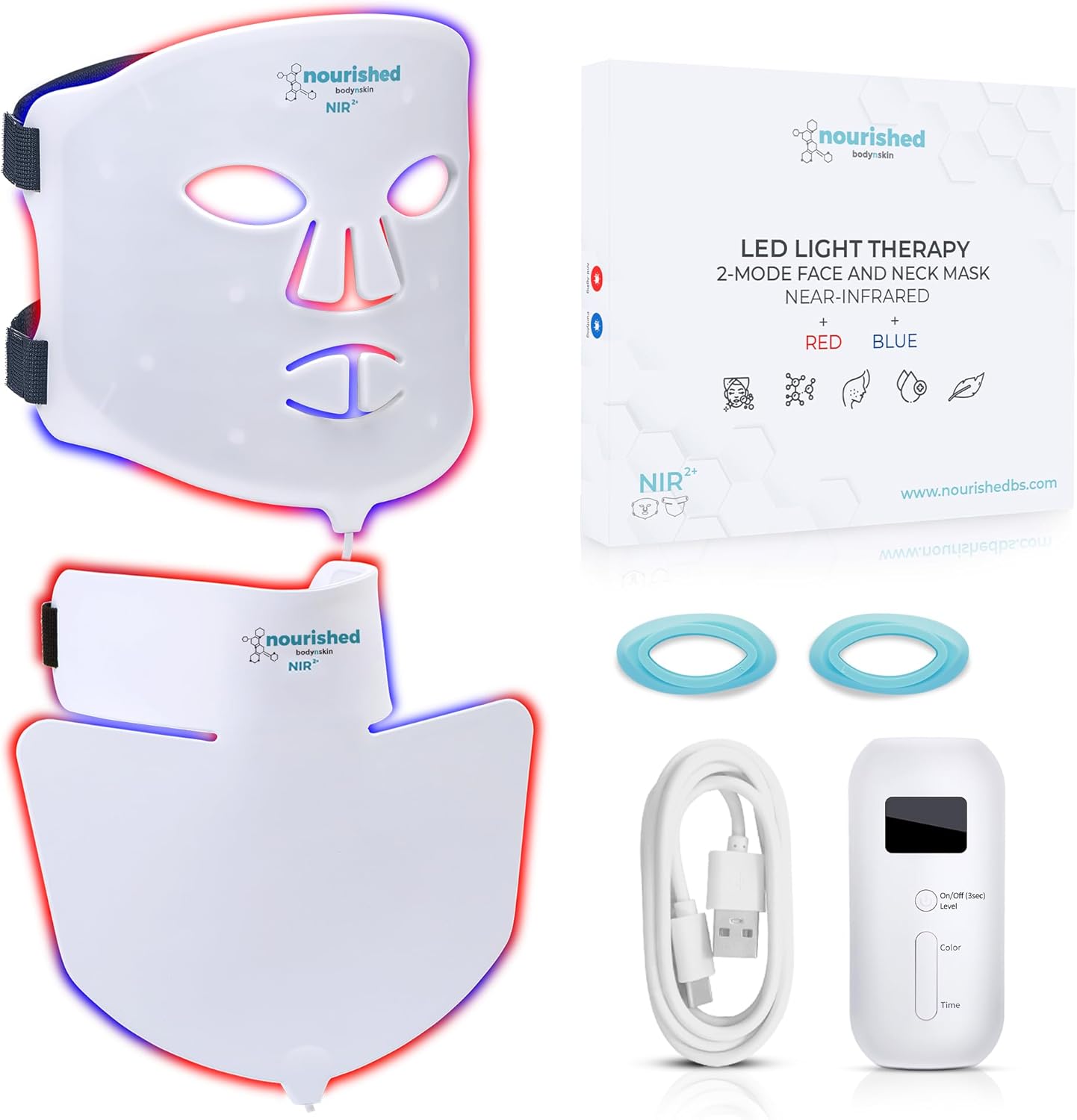 Nourished Bodynskin LED Face and Neck Mask with Near-Infrared - Blue, Red Light Therapy for Face - 228 LEDs - Skincare Tool for Wrinkles, Anti-Aging