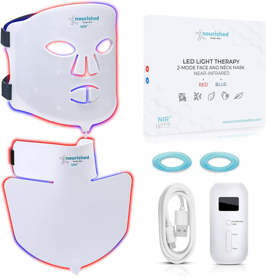 Nourished Bodynskin LED Face and Neck Mask with Near-Infrared - Blue, Red Light Therapy for Face - 228 LEDs - Skincare Tool for Wrinkles, Anti-Aging