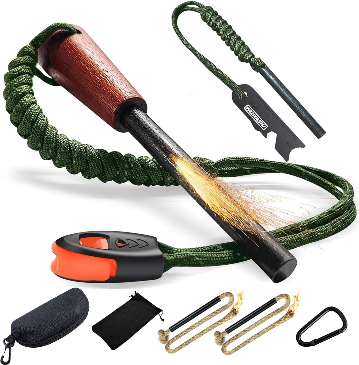 Flint and Steel Lightweight Ferro Rod Fire Starter Survival Tool Lanyard Handle Flint Fire Starter Kit with Multi-Tool Ferro Rod Striker, Survival Whistle, Fire Starter Rope, and Carabiner for Camping