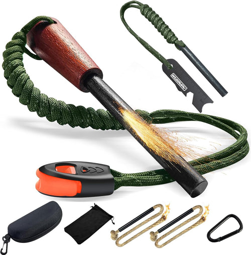 Flint and Steel Lightweight Ferro Rod Fire Starter Survival Tool Lanyard Handle Flint Fire Starter Kit with Multi-Tool Ferro Rod Striker, Survival Whistle, Fire Starter Rope, and Carabiner for Camping