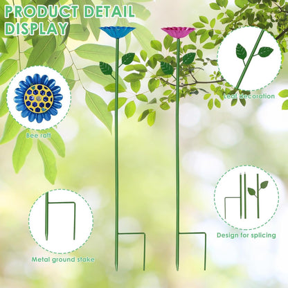 4 Pack Bee Watering Station, Metal Bee Cups for Garden, Flower Shape Butterfly Bath Bowl, Bee Water Feeder Catcher Cup, Solid Pollinator Watering Stake Decor Set for Feeding Outdoor Garden