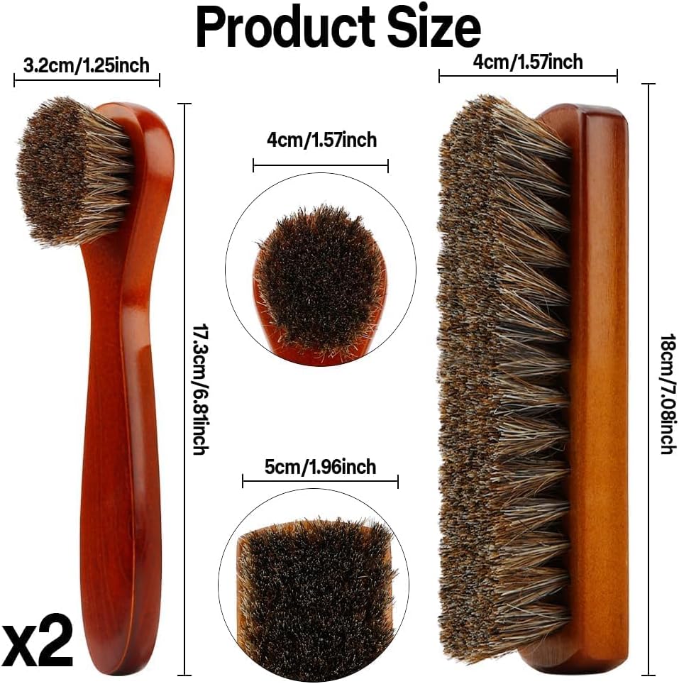 rugwioyu Horse Hair Brush for Leather - 3 Pieces Shoe Cleaning Tool - Soft Bristles, Anti-Static, Strong Water Absorption - Large & Long Handle Brushes - Brown