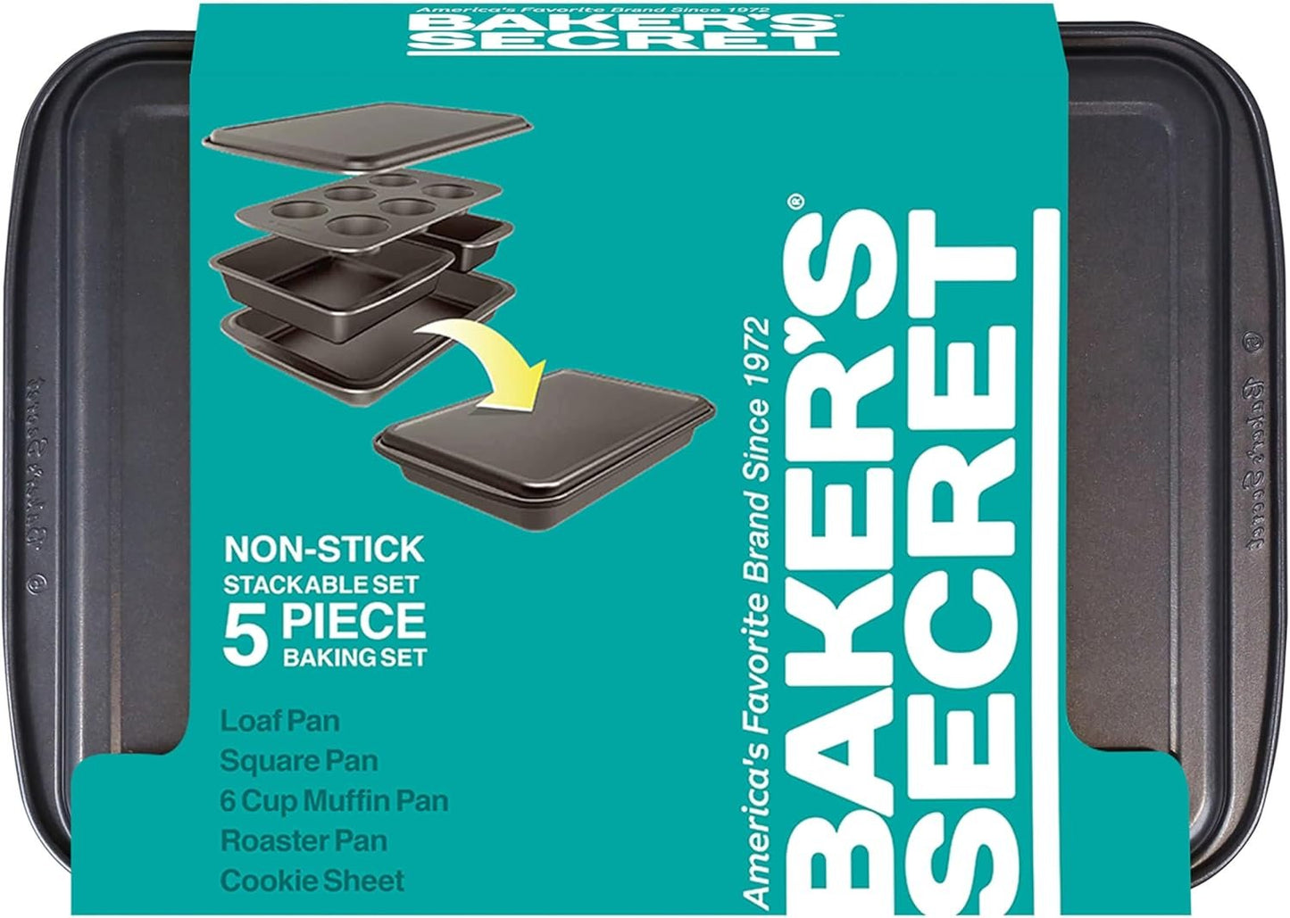 Baker's Secret Baking Pans Set Bakeware Sets Stackable Baking Set of 5 Bakeware Pans, Bakeware Set, Muffin Pan, Roaster Pan, Square Pan, Cookie Sheet, Loaf Pan, Dishwasher Safe, PFOA PFOS PTFE Free