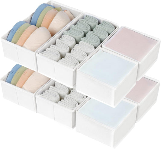 DIMJ 8 PCS Drawer Organizer Sock Organizer Underwear Drawer Organizer Divider Wardrobe Clothes Organizer Collapsible Closet Organizers Storage Box for Sock, Ties, Panties(White)