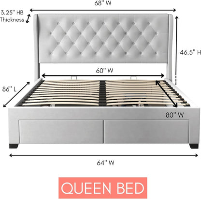 Brittany Queen Bed Frame with 4 Storage Drawers/Platform Bed/Upholstered/Tufted/No Box Spring Required/Wood Slat Support (Velvet, Light Grey)