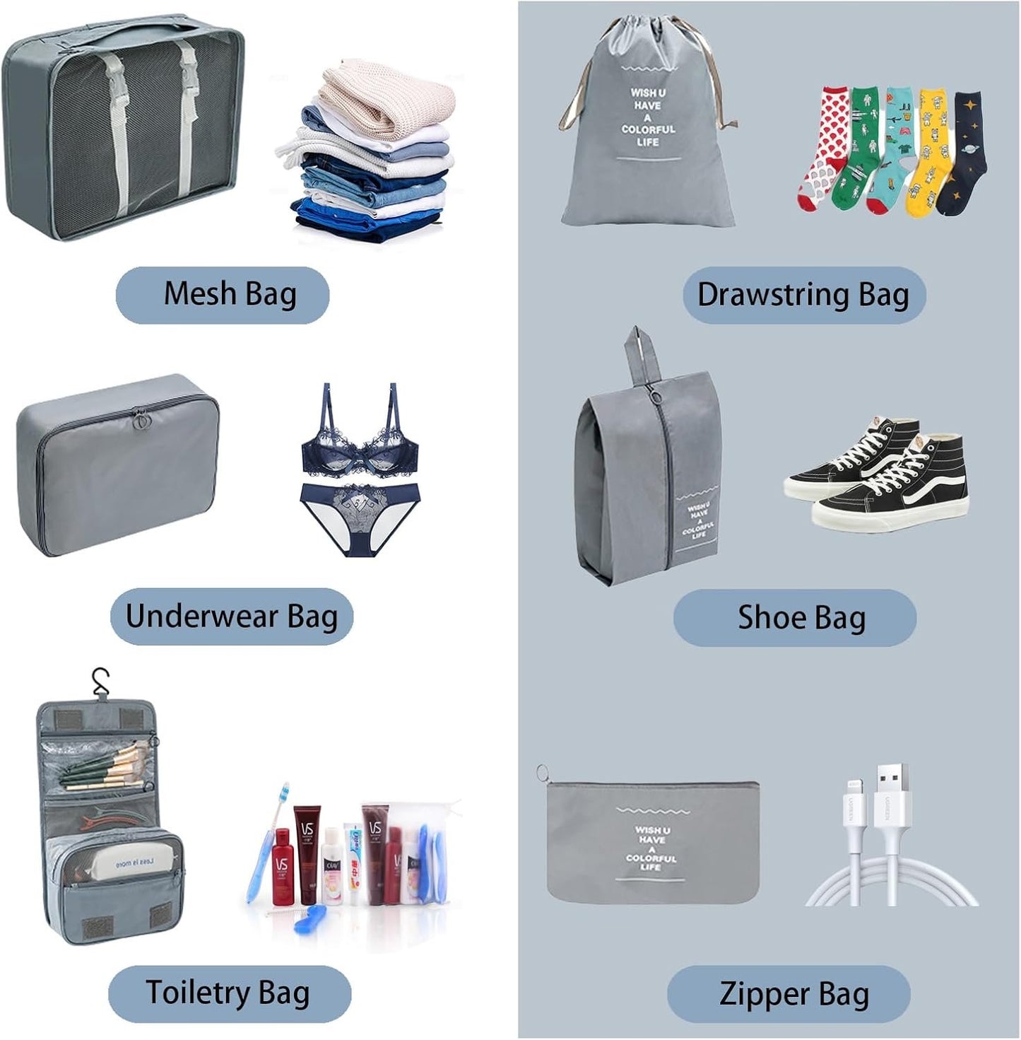 8 Pcs Travel Packing Cubes Set with Shoe & Electronics Bags, Breathable Water-Resistant Mesh Suitcase Organizers, Lightweight Luggage Accessories for Family-Camping Trips (Grey)