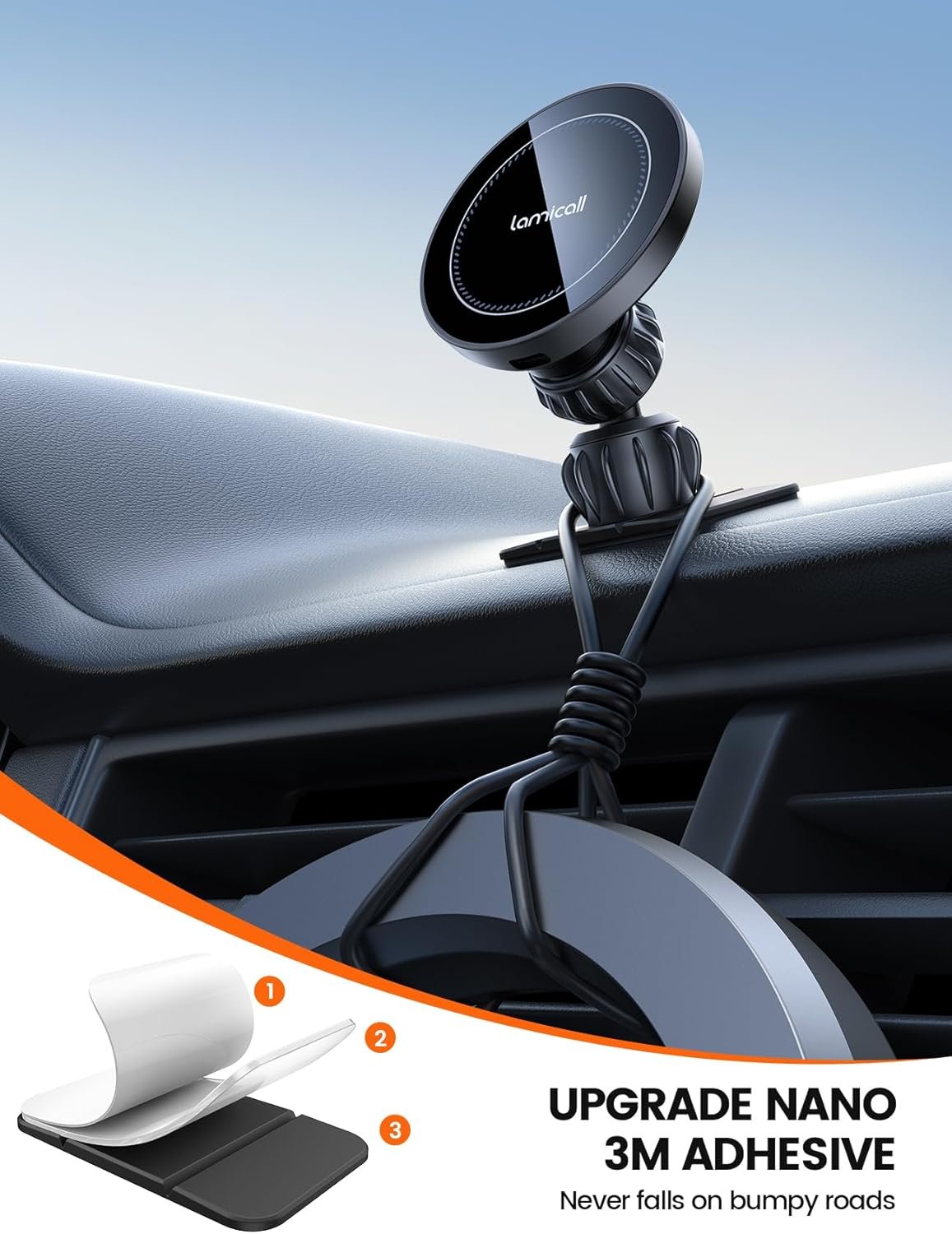 Lamicall 15W Wireless Car Mount Charger - [3-in-1 Upgraded Intelligent Chip] 360° Wireless Car Phone Holder Charger Vent Dashboard Magnetic Car Charger for iPhone 16 Pro Max Black