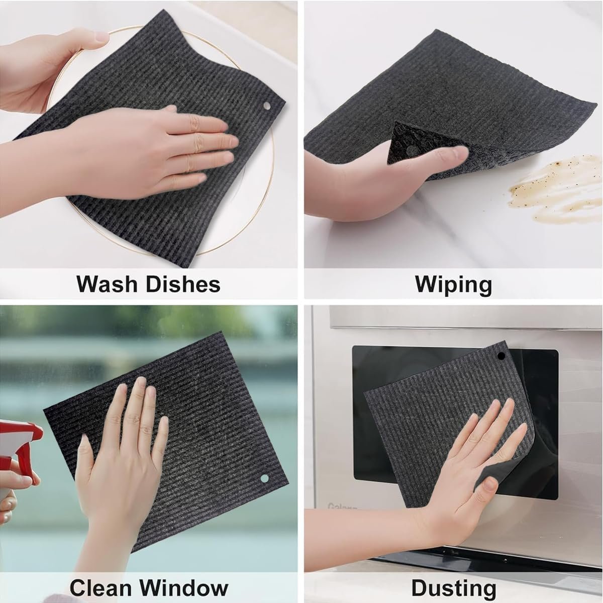 6 - Pack Swedish Kitchen Dish Cloths - Reusable Paper Towels for Counters & Dishes - Eco Friendly Cellulose Sponge Cloth - Assorted (Black)