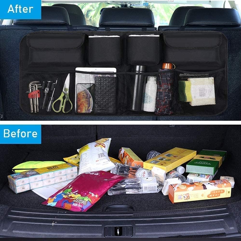 CTFIVING Car Boot Organiser Trunk organizer Waterproof Kick Mats Car Organizer Seat Back Protector, Multi-Pocket Children's Travel Storage, Durable Foldable Cargo Net Storage for Car Backseat Cover