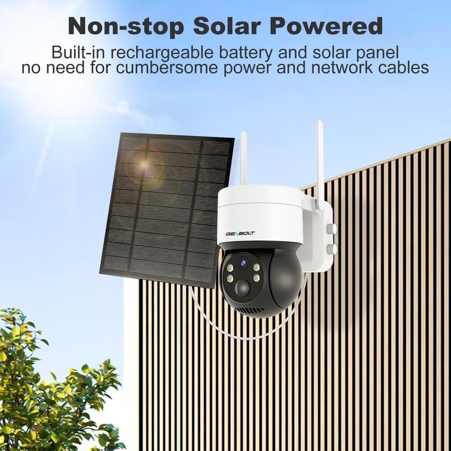GENBOLT 2K Solar Security Camera Outdoor Wireless, WiFi Home Surveillance CCTV Camera Systems, Battery Powered PTZ IP Camera with PIR Detection, Color Night Vision, Two Way Audio
