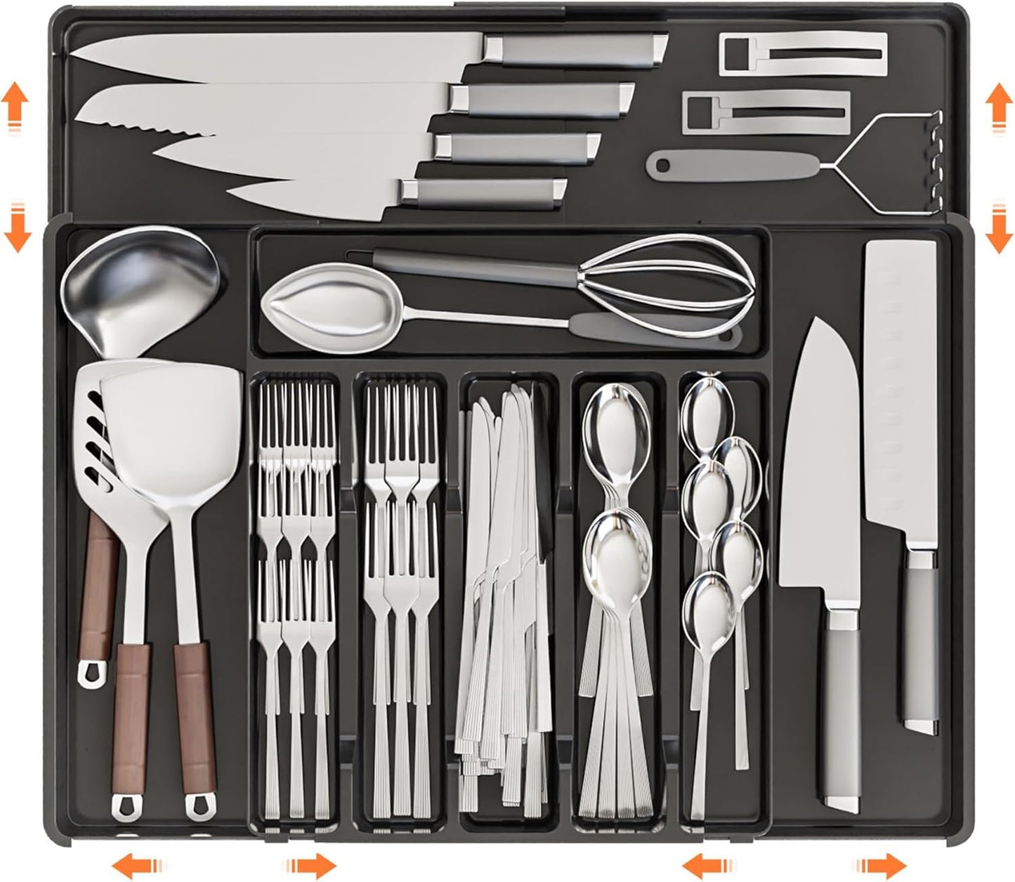 IGGDOQI Cutlery Drawer Organiser, Silverware Organiser for Kitchen Drawers with 9 Compartments, 3 Sided Expandable Utensil Tray, Adjustable Flatware Tray for Spoons Forks Knives (Large-Black)