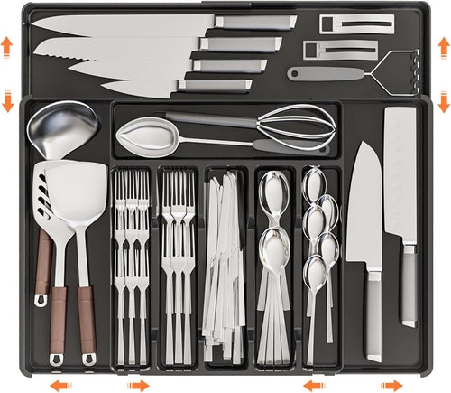 IGGDOQI Cutlery Drawer Organiser, Silverware Organiser for Kitchen Drawers with 9 Compartments, 3 Sided Expandable Utensil Tray, Adjustable Flatware Tray for Spoons Forks Knives (Large-Black)