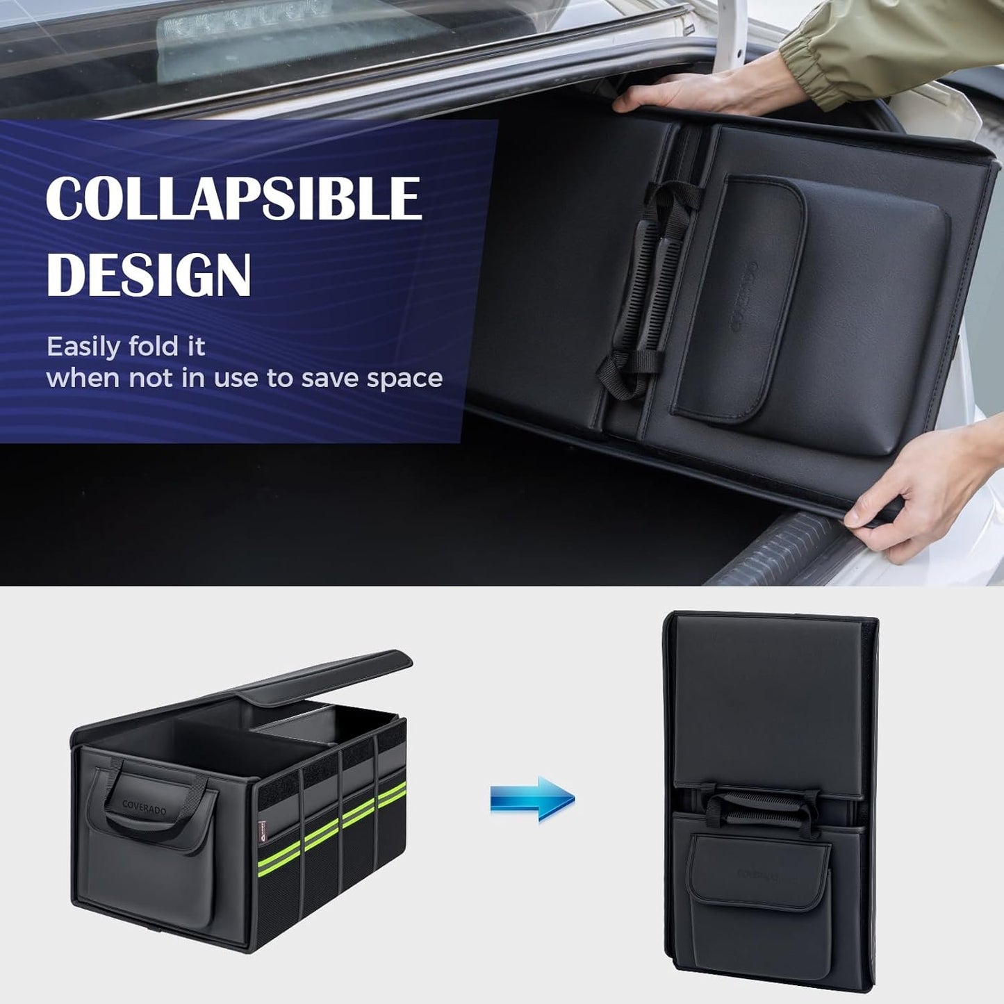 Coverado Car Trunk Organizer - 70L Nappa Leather Trunk Organizer for SUV with Lid, Multi Collapsible Car Storage Organizer Foldable, Multi Compartments with 2 Straps for SUV/Truck