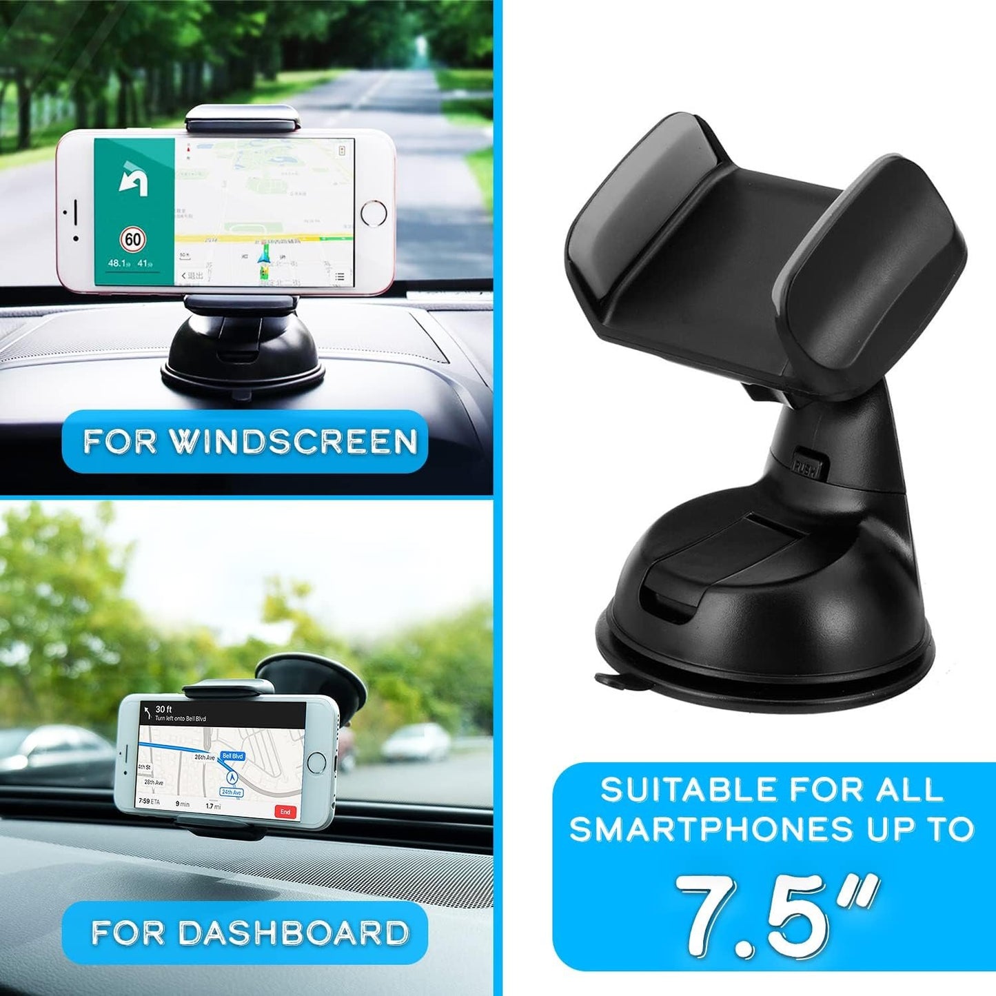 Mobile Phone Holder Car Suction Cup Dashboard Windshield Strong Suction Cup 360° Rotation Horizontal or Vertical Position, Universal Suitable for Smartphones up to 7.5 Inches Screen