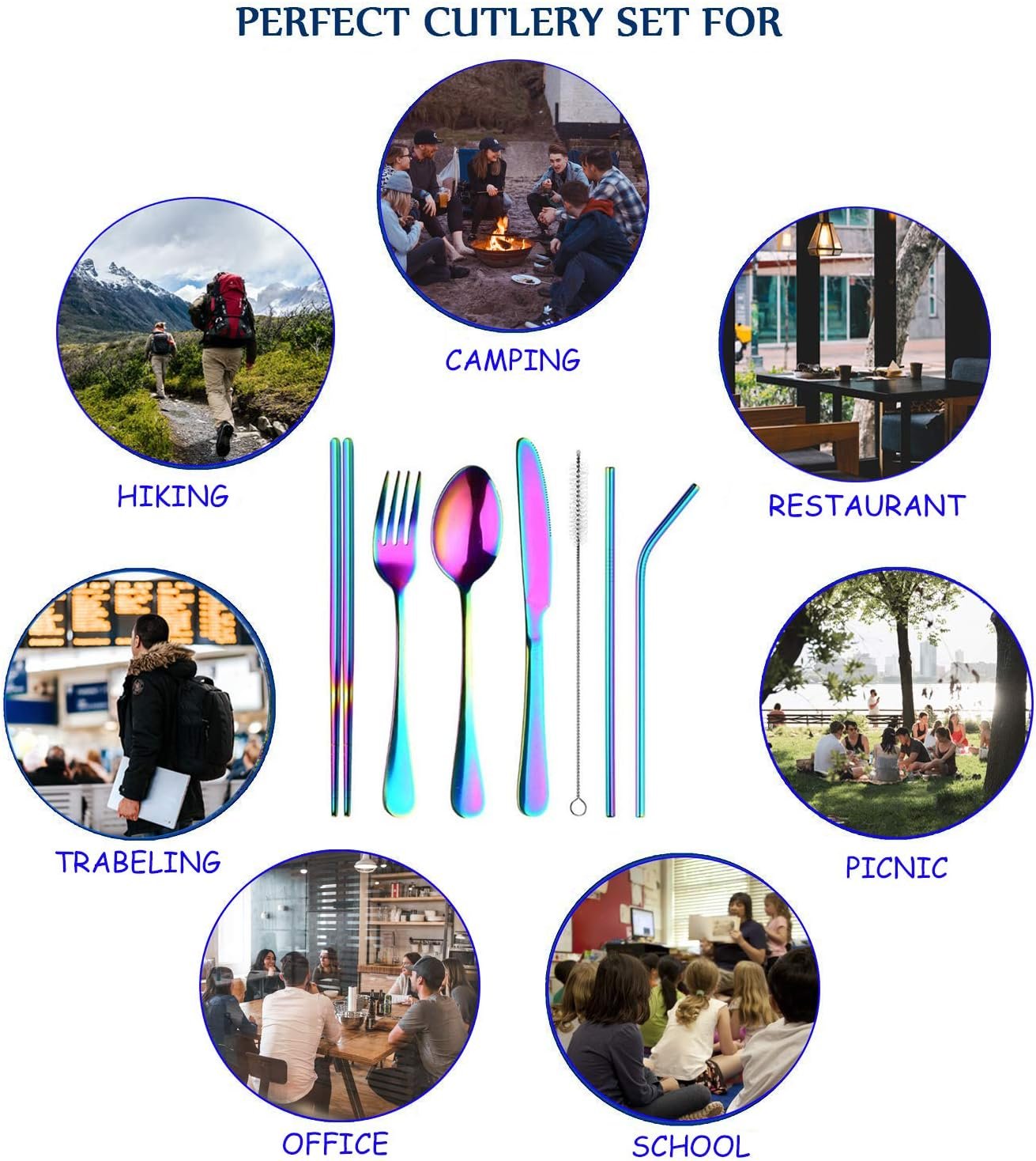 Travel Utensils Set with Case, Reusable Stainless Steel Cutlery Set for Lunch Bag, Portable Camping Utensils Set for Lunch Box, Flatware Silverware Set Including Spoon and Fork (Rainbow)
