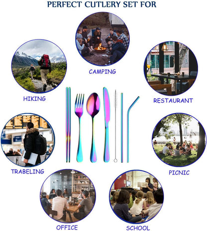 Travel Utensils Set with Case, Reusable Stainless Steel Cutlery Set for Lunch Bag, Portable Camping Utensils Set for Lunch Box, Flatware Silverware Set Including Spoon and Fork (Rainbow)