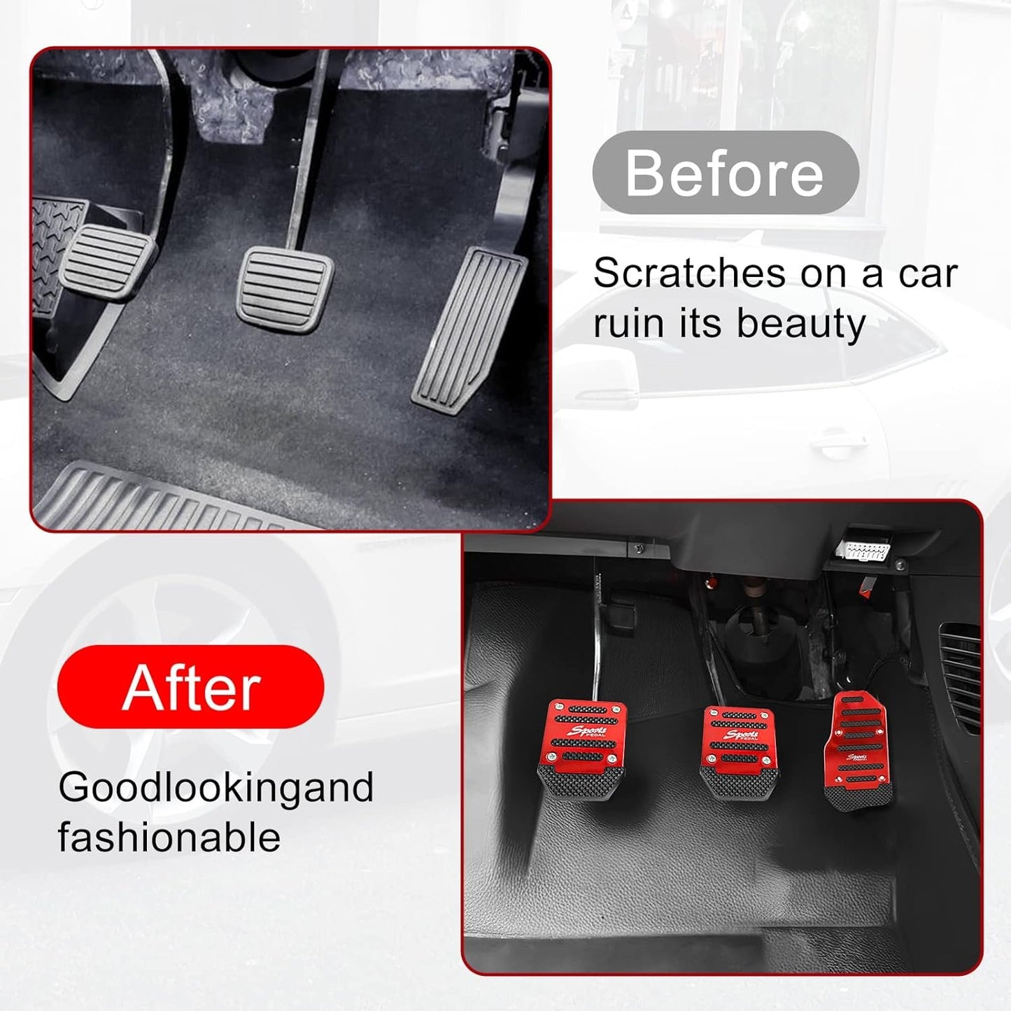jeseny 3 PCS Car Non-Slip Aluminum Alloy Pedal Pads, Manual/Automatic Gearbox Gas Pedal Brake Pedal Cover, Anti-rubbing Car Clutch Pedal Kits, Auto Universal Replacement Accessories (Red)