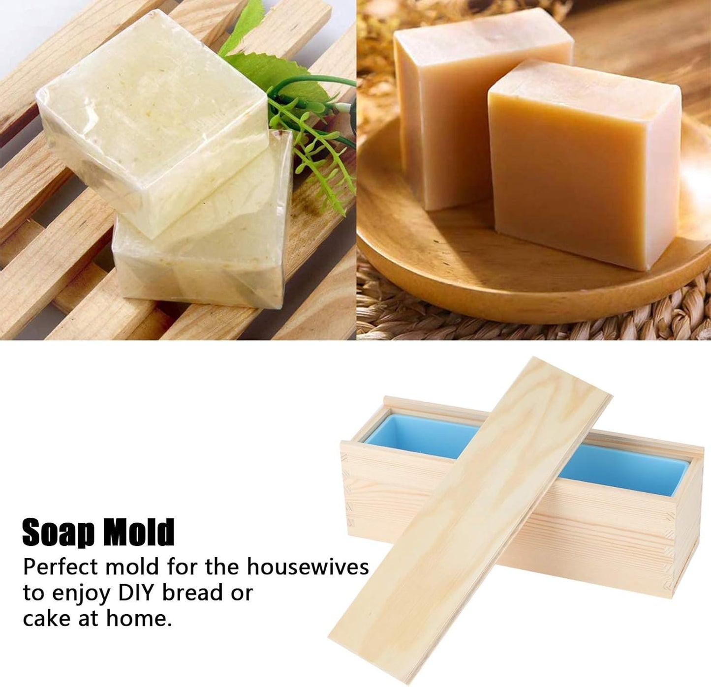 DIY Rose Pattern Handmade Bread Soap Mold Silicone Liner Wooden Box Cake Baking Tool for Home Kitchen Crafting Non Toxic Material 28.2x9x9cm (Sky blue silicone + wooden box)