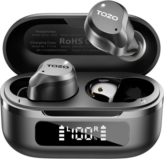 TOZO New Hybrid Active Noise Cancelling Wireless Earbuds, 6 Mics ENC Clear Call, IPX8 Waterproof, in Ear Bluetooth 5.3 Headphones Stereo Bass Heasets 59H Playtime with LED Display 32 EQs via APP