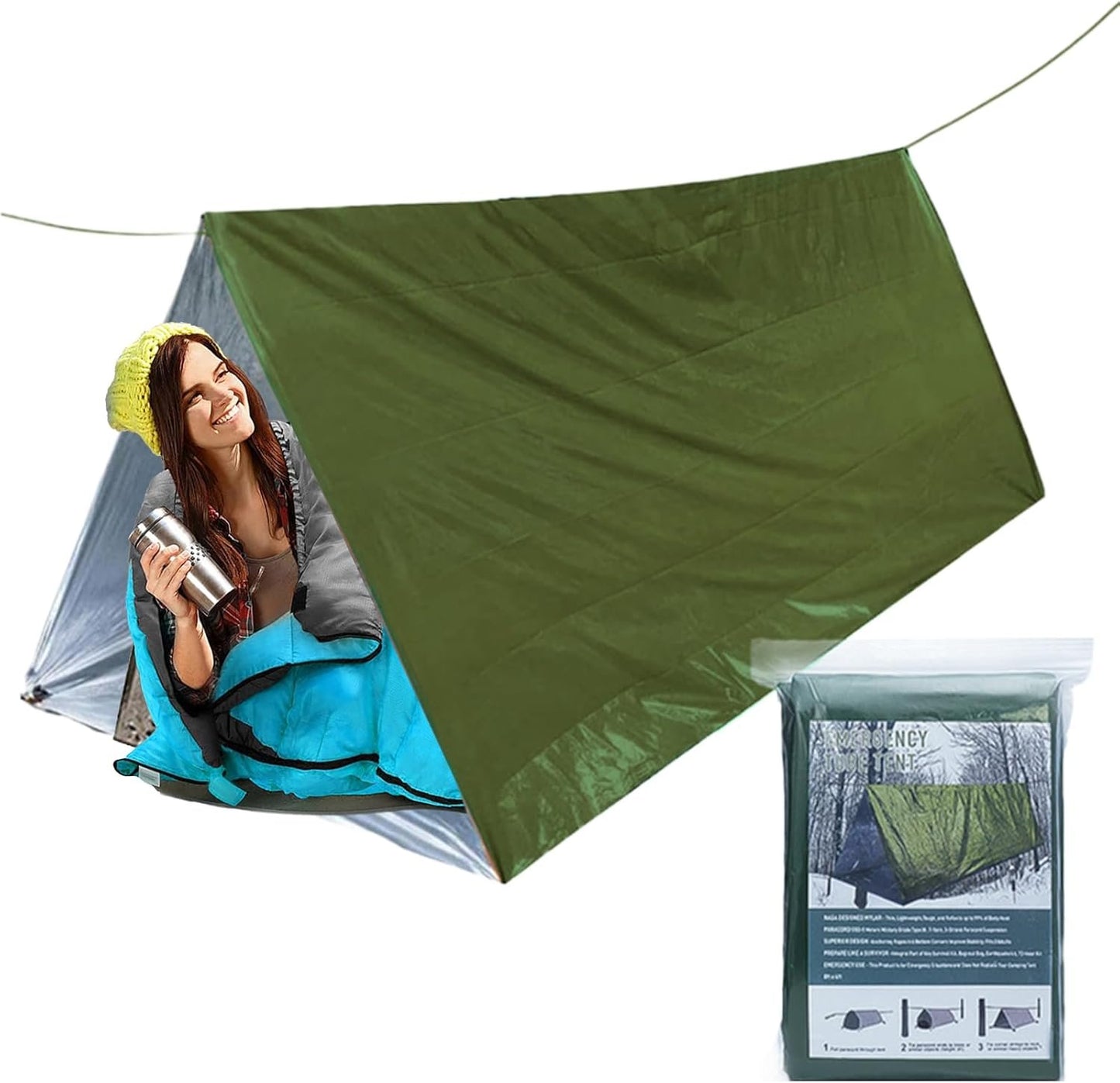 Shelter Survival Tent, 2-Person Outdoor Camping Tent, Lightweight Windproof Waterproof Lifesaving Gear Tarp Sleeping Bag Thermal Sack Blanket for Camping Hiking Outdoor Activities