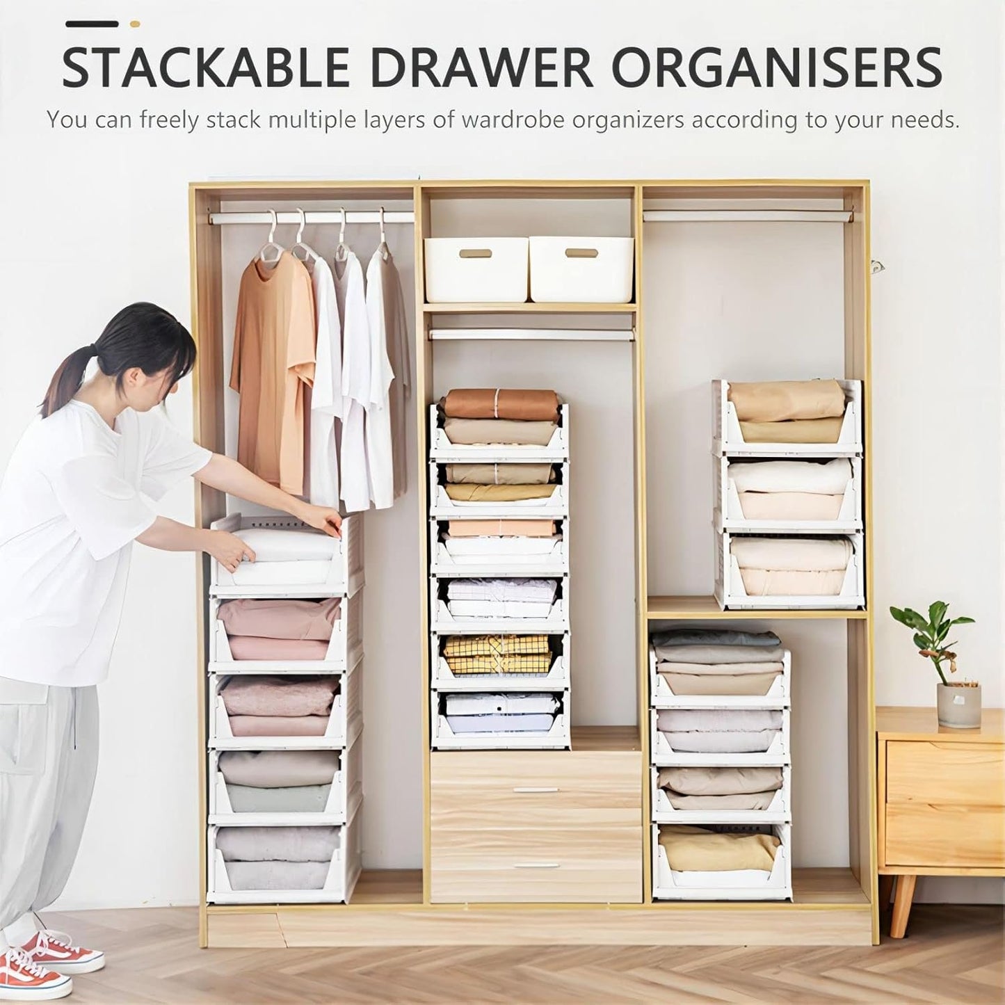 Stackable Plastic Storage Basket, Foldable Closet Organizers and Storage Bins, Drawer Organizer for Clothes, Storage Box for Wardrobe Kitchen Bathroom Office Dorm - 4 Pack L