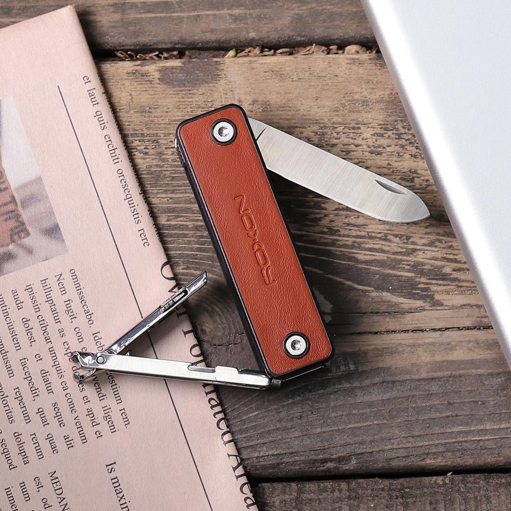ROXON M4 10 in 1 Portable Nail Clipper Multi Tool with Leather,Utility Tool with Safety Lockable Small Knife,Scissors,File,Bottle Opener,Screwdriver,Personal Care Gadgets and Useful Gift for All