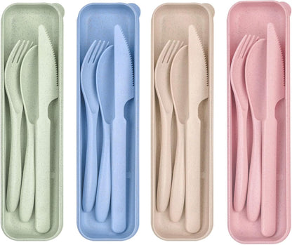 Travel Utensils Set with Case, Fork Spoon Knife Set, Reusable Plastic Utensils for Travel or Work and School with Meals (4 Sets)
