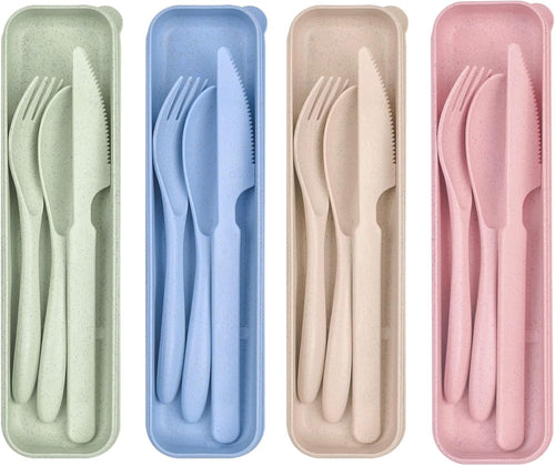 Travel Utensils Set with Case, Fork Spoon Knife Set, Reusable Plastic Utensils for Travel or Work and School with Meals (4 Sets)