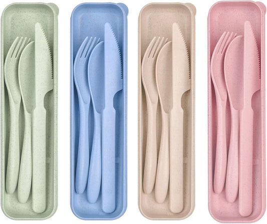 Travel Utensils Set with Case, Fork Spoon Knife Set, Reusable Plastic Utensils for Travel or Work and School with Meals (4 Sets)