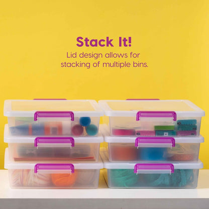 IRIS USA 5.7L (6 US Qt) Medium Plastic Storage Bins with Secure Buckles and Portable Handle, 6-Pack, Organizer Container Box for Stationery Craft Beauty and Household Supplies, Clear/Violet